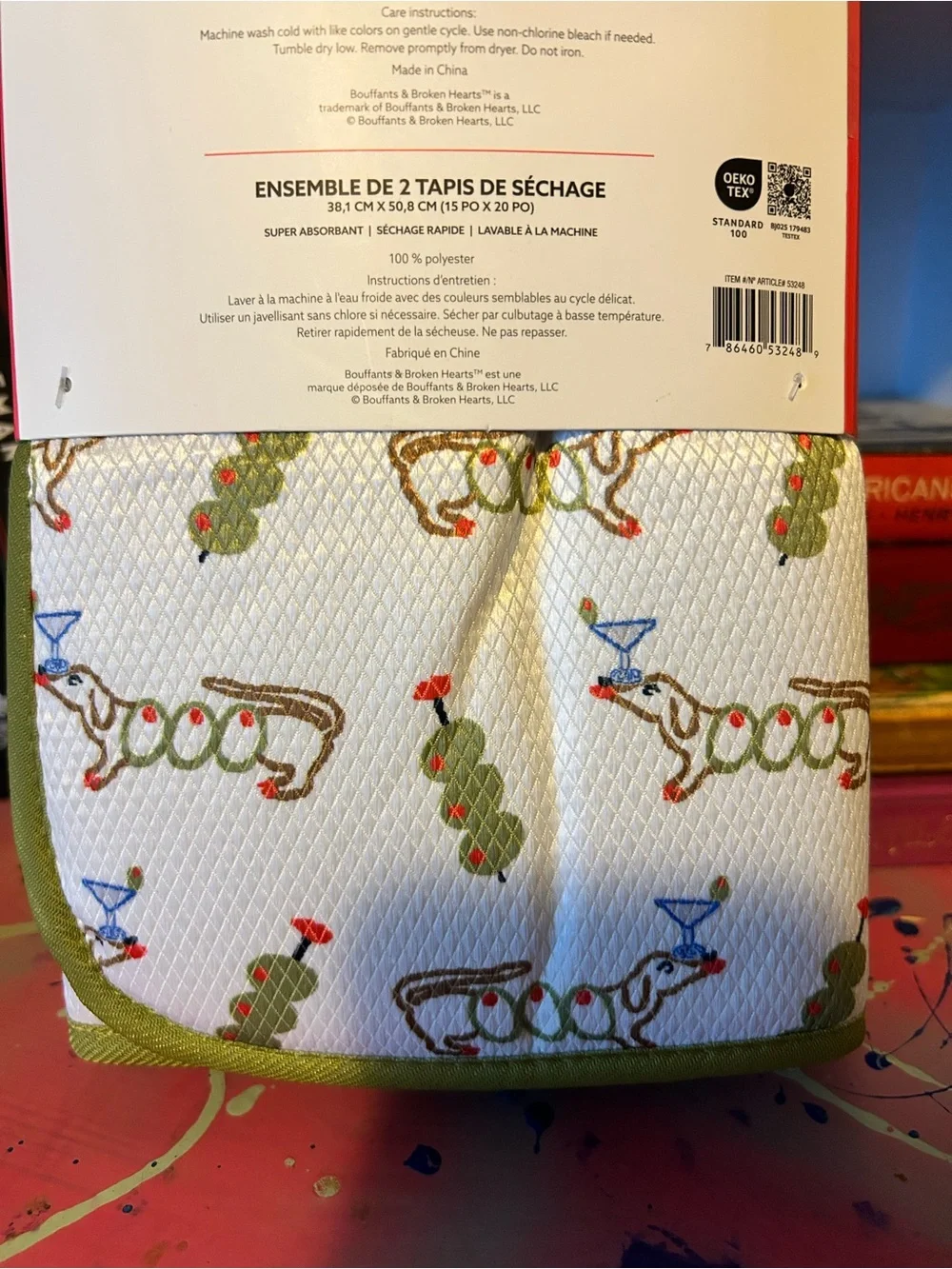 Cocktail weenies! Dachshund, martini martini themed drying mats. Two included.